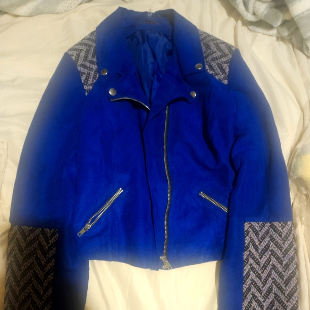 Blue Women's Jacket with Patterned Accents
